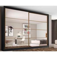 Guarda Roupa 2 Portas de Correr e 6 Gavetas c/ Espelho Sevilha Preto/Branco Acetinado - Europa