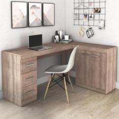 Mesa de Escritório em L com 3 Gavetas e 2 Portas - Rústico - Movelbent