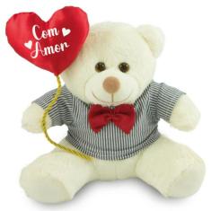 Urso de Pelúcia com Balão 30cm Anti-alérgico - Toybrink, Baunilha