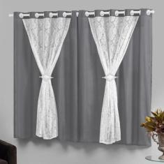 Cortina Pequena Renda com Forro 2,80X1,70 Cinza Marrocos - Casa Impéri