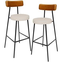 Kit 02 Banquetas Alta Cozinha Sala De Jantar Aço Milão L02 Couríssimo Whisky Linho Cru - Lyam Decor