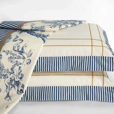 Jogo Cama Lençol Nobreza Queen Percal 180 Fios 04 Peças - Palha Com Azul