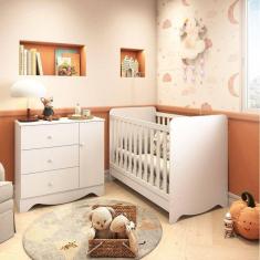 Quarto de Bebê Cômoda 3 Gavetas 1 Porta Berço Americano 3 em 1 Pirueta Espresso Móveis Branco Brilho