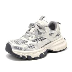 BEAU TODAY Tênis feminino grosso plataforma moderno tênis de caminhada confortável com cadarço, Prateado - Branco, 34