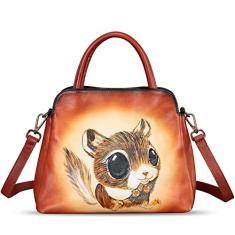 Bolsa feminina de couro genuíno pintada à mão com alça superior, bolsa tiracolo feita à mão, Padrão 1, Medium