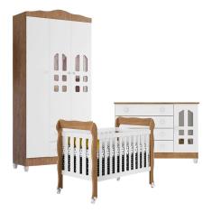 Quarto de Bebê New Selena 3 Portas com Berço Lila e Cômoda Gran Selena Branco Acetinado Amadeirado – Carolina Móveis