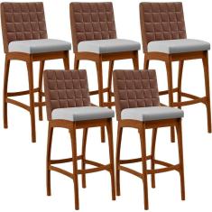 Kit 05 Banquetas Altas Mila Marrom Linho Cinza