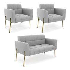 Sofá Namoradeira E 2 Poltronas Pé De Ferro Dourado Elisa Suede Cinza D03 - D'rossi
