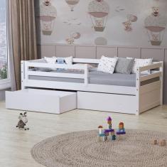 Cama Solteiro Eco com 02 Gavetas e Grade de Proteção Madeira Maciça Branco Mobilistore