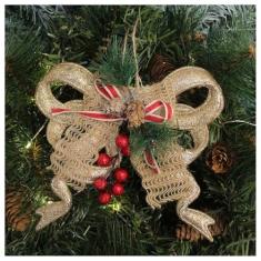 Kit 12 Enfeite Pendente Natalino Laço Dourado Com Brilho Natal 18cm