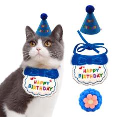 IDOLPET Artigos de festa de aniversário para cães, gatos, bandana, chapéu de babador, coleira fofa com gravata borboleta para gatos, filhotes, cães pequenos e coelhos