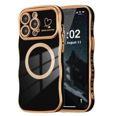 ZTOFERA Capa magnética para iPhone 14 Pro 6,1 polegadas, linda capa ondulada encaracolada com estampa de coração de amor, borda banhada de luxo, proteção total para câmera, à prova de choque, capa de