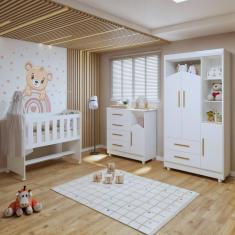 Quarto de Bebê Completo 100% MDF com Guarda-Roupa, Cômoda e Mini Berço Estelar Branco