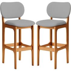 Kit 02 Banquetas Alta Para Cozinha Madeira Fixa Betta L02 Imbuia Corano Cinza - Lyam Decor
