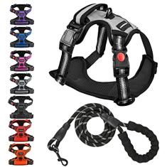 Juqiboom Peitoral antipuxão para cães com coleira resistente de 1,5 m, colete acolchoado macio ajustável, colete Oxford refletivo para animais de estimação com alça de controle fácil e coleira para