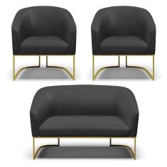 Sofá Namoradeira e 2 Poltronas Base Industrial Dourado Stella Corino Preto D03 - D`Rossi