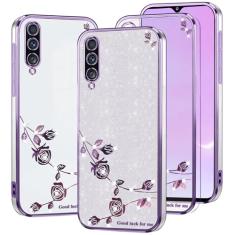 Capa para celular Samsung Galaxy A50 transparente com glitter, para mulheres e meninas, protetor à prova de choque, capa para Samsung A50, berloques, luxuosa, diamante, floral, brilhante, rosa, roxo,