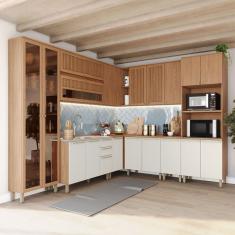 Cozinha Completa Requinte 19 Portas 2 Gavetas Ripado com Vidro Ce882 Nature/Areia - Henn