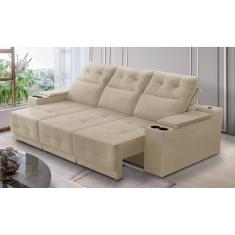 Sofá Retrátil Reclinável 3 lugares 2,30m com Porta Copos e USB Hannah Suede Bege Adonai Estofados