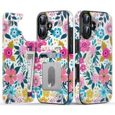 Goodon Capa carteira para iPhone 16 - Capa flip de couro com design floral moderno, 3 compartimentos para cartão e função de suporte, capa protetora elegante para mulheres e meninas - Flores
