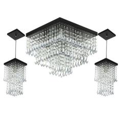 Kit 1 Lustre Cristal Acr. Sweet + 2 Pendentes Spark Preto - MARRYLUZ