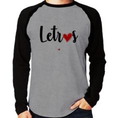 Camiseta Raglan Letras por amor Manga Longa - Foca na Moda, Cinza, Pre