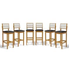 Kit Com 6 Banquetas Aline Madeira Maciça Assento Estofado Encosto De Telinha Courino Preto 503