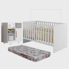 Quarto de Bebê com Berço com Colchão Suporte Life e Cômoda 100% Mdf 1 Porta 3 Prateleiras