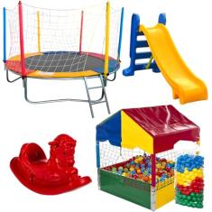 Kit Brinquedos Infantil – Cama Elástica 2,30m com Rede + Piscina de Bolinhas 1,00m com 500 Bolinhas + Escorregador Médio + Gangorra 1 Lugar