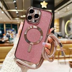 Glitter crossbody cordão magnético caso para iphone 15 14 plus 13 12 11 pro max galvanizado macio tpu capa traseira, rosa, para iphone 15