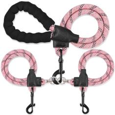 Coleira dupla para dois cães - Rotação removível de 360°, coleira sem emaranhamento com tiras refletivas para caminhadas e treinamento de cães pequenos, médios e grandes, S/8-45ibs, rosa