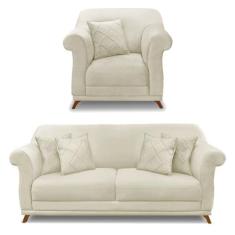 Kit Poltrona e Sofá Living 2 Lugares 1,60m Vênus Veludo Pés Castanho -