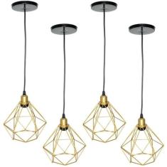 4 Pendentes Aramado Diamante Cabo 1,5 Mt Luminária Lustre P Teto Retrô