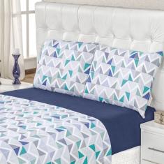Jogo de Lençol Queen em Malha 100% Algodão 4 Peças - Geométrico Azul