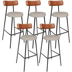 Kit 05 Banquetas Alta Bar Cozinha Sala De Jantar Milão L02 Couríssimo Camel Linho Bege - Lyam Decor