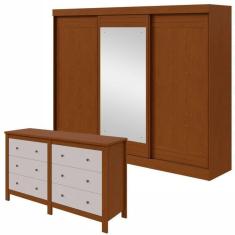 Conjunto de Guarda-Roupa 3 Portas 4 Gavetas Nice com Espelho e Cômoda Maggiore New  Frassino/Off White