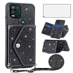 Asuwish Capa de telefone para Moto G Stylus 5G 2021 capa carteira com protetor de tela de vidro temperado e alça transversal cordão Bling Glitter suporte para cartão de crédito Motorola GStylus G5