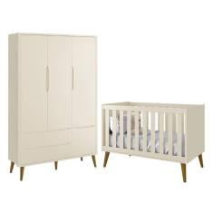 Jogo de Quarto Infantil Theo Retrô Guarda Roupa 3 Portas e Berço com Pés Amadeirado - Reller Móveis