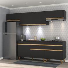 Armário Cozinha Completa 260cm Veneza Up Multimóveis V2032, Preto/Dour