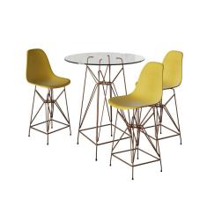 Jogo Mesa Bistrô Eames Vidro 60Cm 3 Banquetas Amarela Base Ferro Cobre - Cor: Branco
