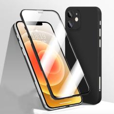 Capa de telefone com capa completa 360 para iPhone 12 11 Pro Max 12 Mini X XR XS Max Frente de vidro temperado traseira capa dura à prova de choque fosca, preta, para iPhone 12