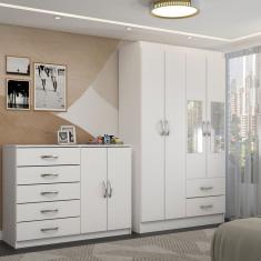 Guarda-Roupa Solteiro Mason 4 Portas 2 Gavetas e Espelho com Cômoda 2 Portas 5 Gavetas Branco - Panorama Móveis