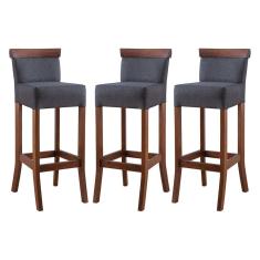 Kit 3 Banquetas Alta com Encosto Estofado Diamantina em Madeira Maciça Imbuia Linho Cinza L67 RMI