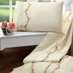 Jogo Cama Lençol Bristol Queen Bordado 4Pçs Palha Floral - Casa Scarpa