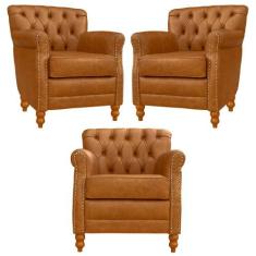Kit 03 Poltronas Decorativas Sala de Estar Níger Pés Madeira Couro Mel