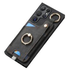 Capa de telefone com suporte de anel para Samsung Galaxy S21 S20 FE S24 S23 S22 Ultra S10 Plus S9 S8 Capa magnética de couro com compartimento para cartão, preta, para Galaxy S21 Plus