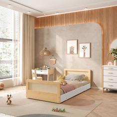 Cama Infantil Solteiro Montessoriana Lift em Madeira Maciça com Rattan Casatema Branco/Natural
