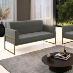 Sofá Namoradeira Base Industrial Alta Dourado Marisa Suede Grafite D03