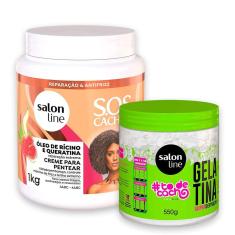 Kit Creme De Pentear Salon Line Rícino e Queratina 1kg e Gelatina Salon Line 550g