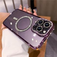 Capa macia de silicone de carregamento magnético com brilho de diamante de luxo para iPhone 14 13 12 11 Pro Max Plus capa transparente à prova de choque, roxa, para iphone 12Pro